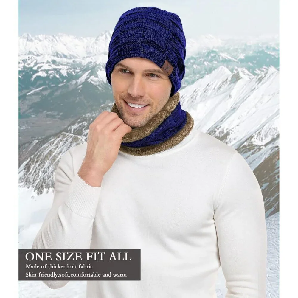 Men's Royal Blue Winter Warm Knit Skull Cap Neck Warmer Fleece Lined Scarf Set